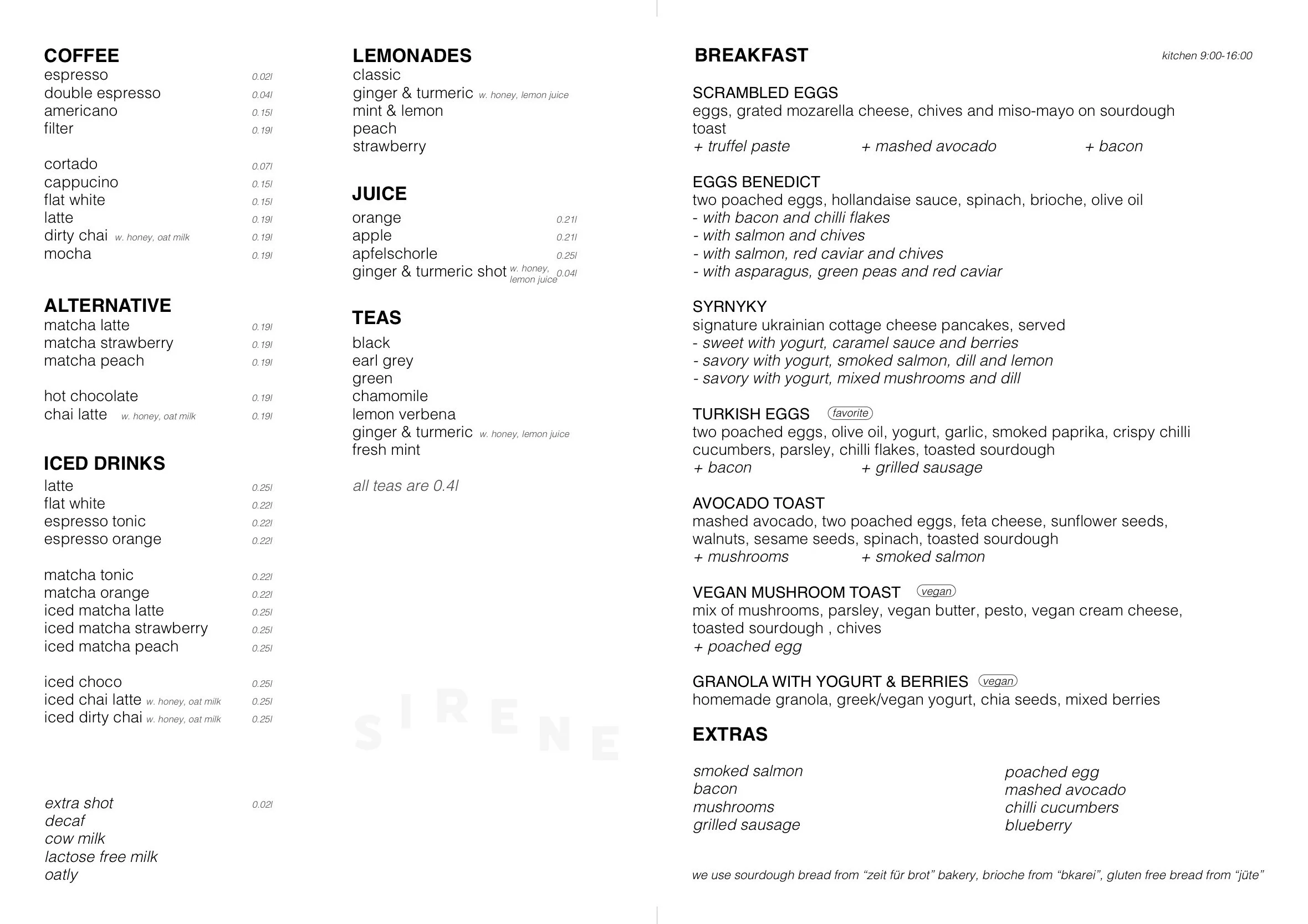 A detailed menu featuring categories such as Coffee, Lemonades, Juices, Alternative drinks, Teas, Breakfast options including scrambled eggs, eggs Benedict, Turkish eggs, avocado toast, granola with yogurt and berries, and various extras. The menu provides specific drink options with measurements and ingredient notes.