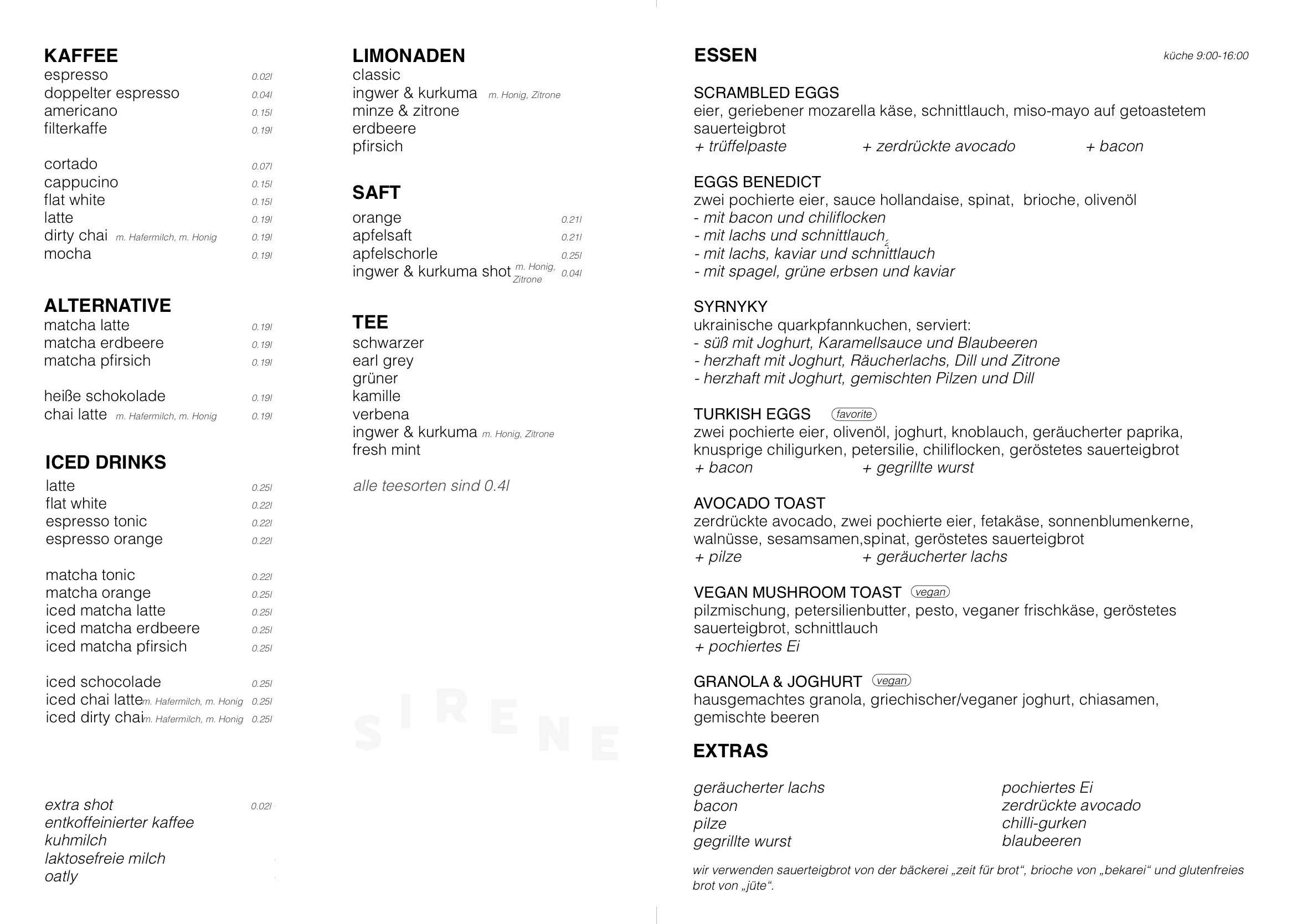 A printed menu in German with various food and drink options, including coffee, lemonades, teas, meals, and extras, along with their descriptions and prices.