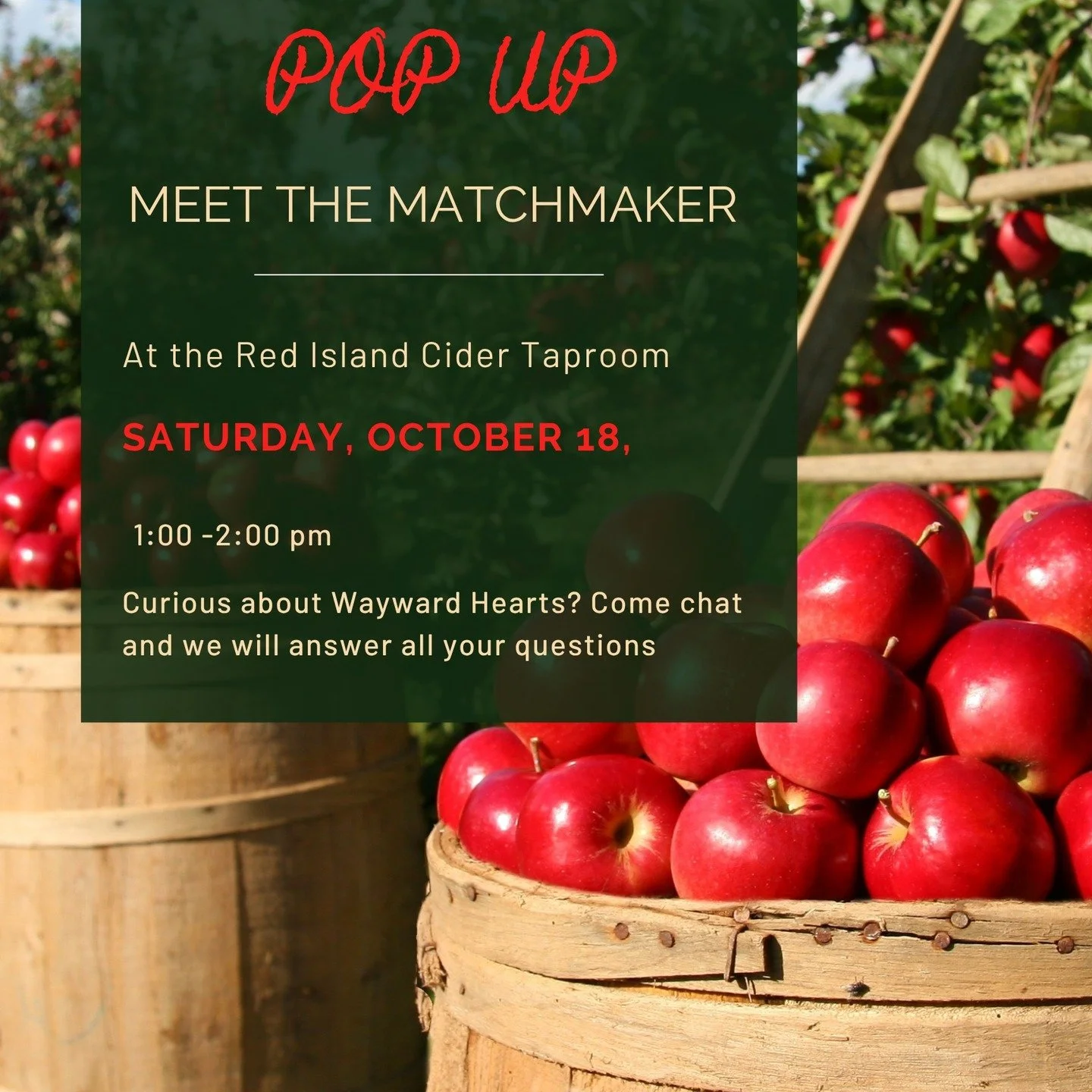 It's fall on PEI and to celebrate Wayward Hearts is popping up at one of our favorite cozy spots, Red Island Cider. 
This is your chance to come meet Cheryl, founder and matchmaker, for a casual chat about intentional dating, slow love, and what mak