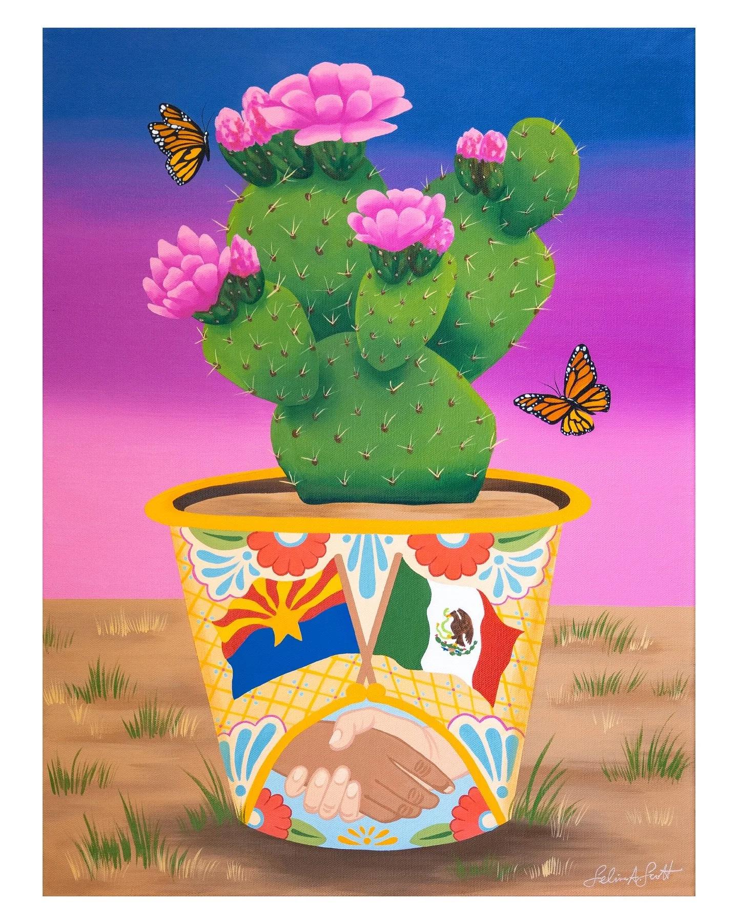 It was an honor to create this painting to celebrate the 66th Anniversary of the Arizona-Mexico Commission. This project came to me in a time of fear and uncertainty in our communities here in Phoenix and at the border. I wanted to pour hope into thi