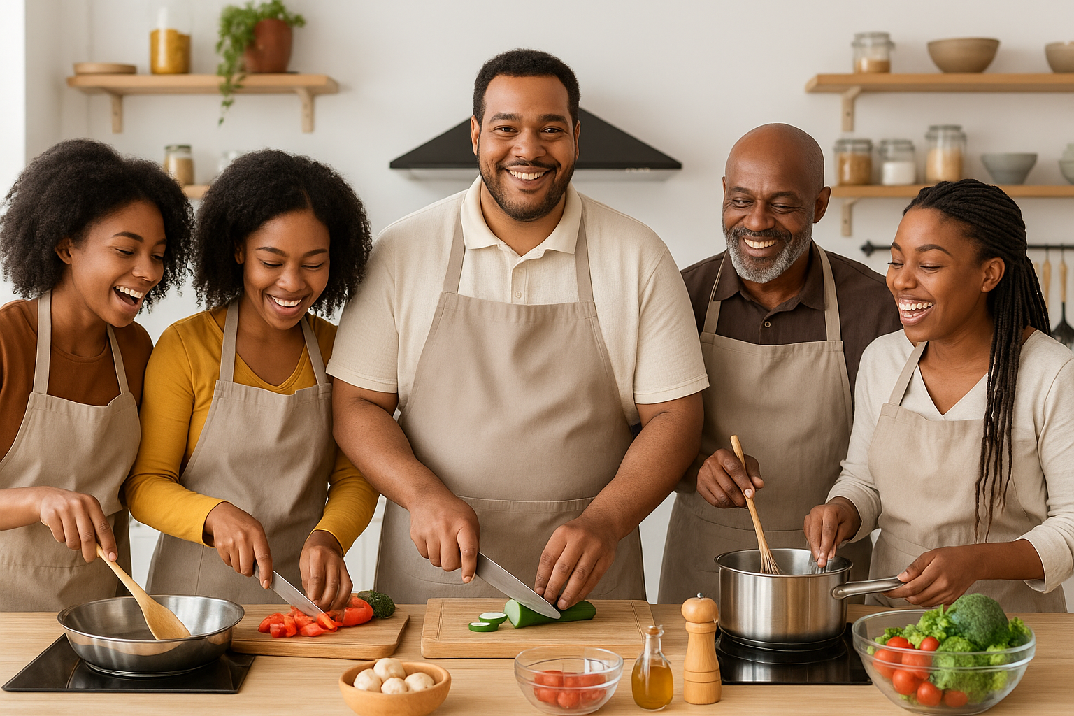 Group of five people cooking together in a kitchen, chopping vegetables and smiling.
