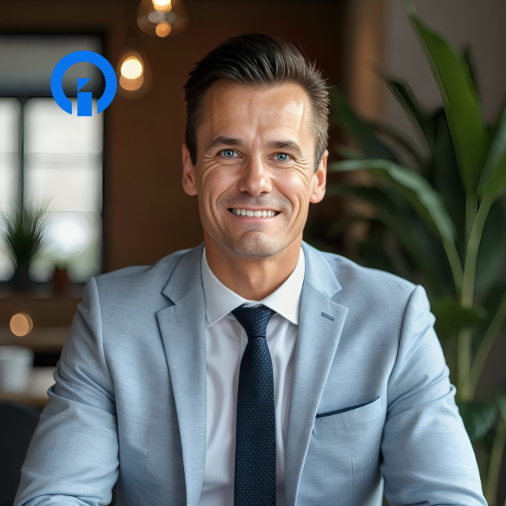 A smiling man in a light blue suit and dark tie sitting in a modern office with plants and warm lighting.