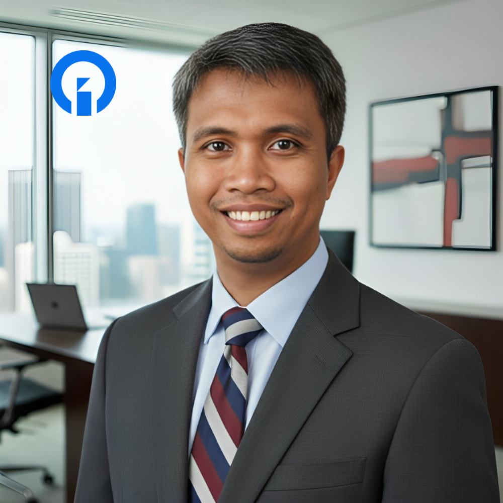 A smiling man in a business suit standing in an office with a city view and a computer in the background.