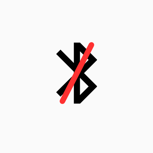 Icon of a Bluetooth symbol with a red slash crossing through it, indicating Bluetooth is disabled or off. air gapped, airgap, air gap, wifiless, no wifi, bluetoothless, no bluetooth, cameraless, no camera