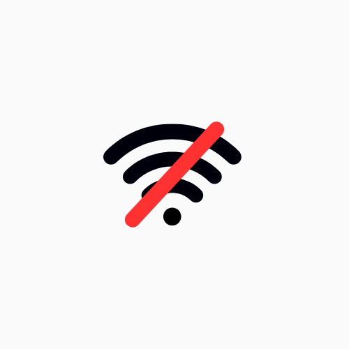 Icon of a Wi-Fi signal with a red slash through it, indicating no Wi-Fi or internet connection. air gapped, airgap, air gap, wifiless, no wifi, bluetoothless, no bluetooth, cameraless, no camera