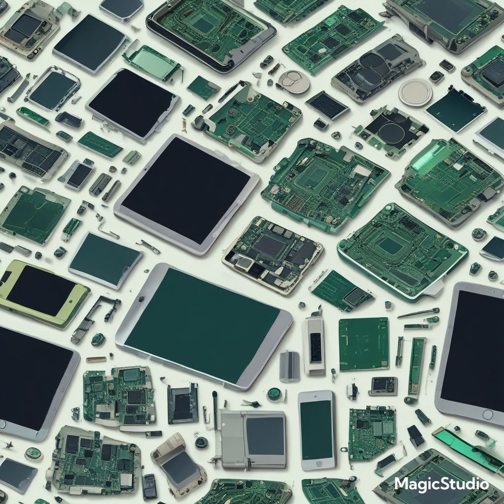 Collection of disassembled electronic devices including various circuit boards, screens, and components spread out on a white surface.