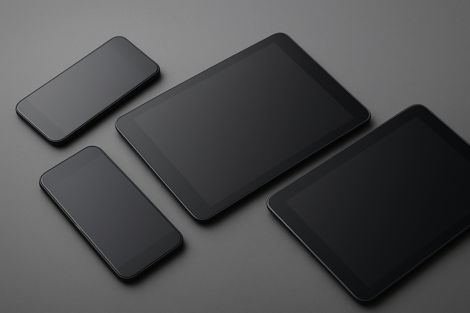 Black electronic devices including three smartphones and two tablets on a gray surface.