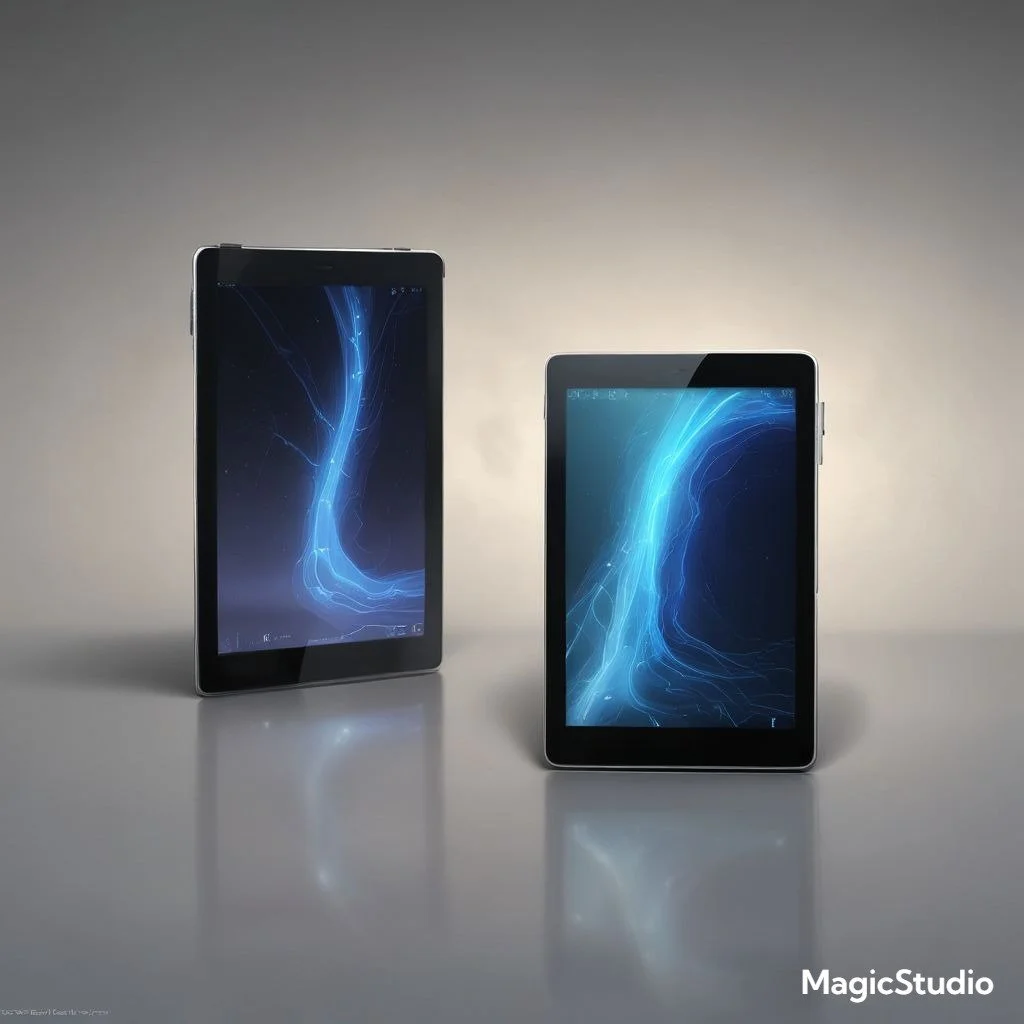 Two electronic tablets with illuminated screens displaying blue digital graphics, positioned on a reflective surface against a neutral background. air gapped, airgap, air gap, wifiless, no wifi, bluetoothless, no bluetooth, cameraless, no camera