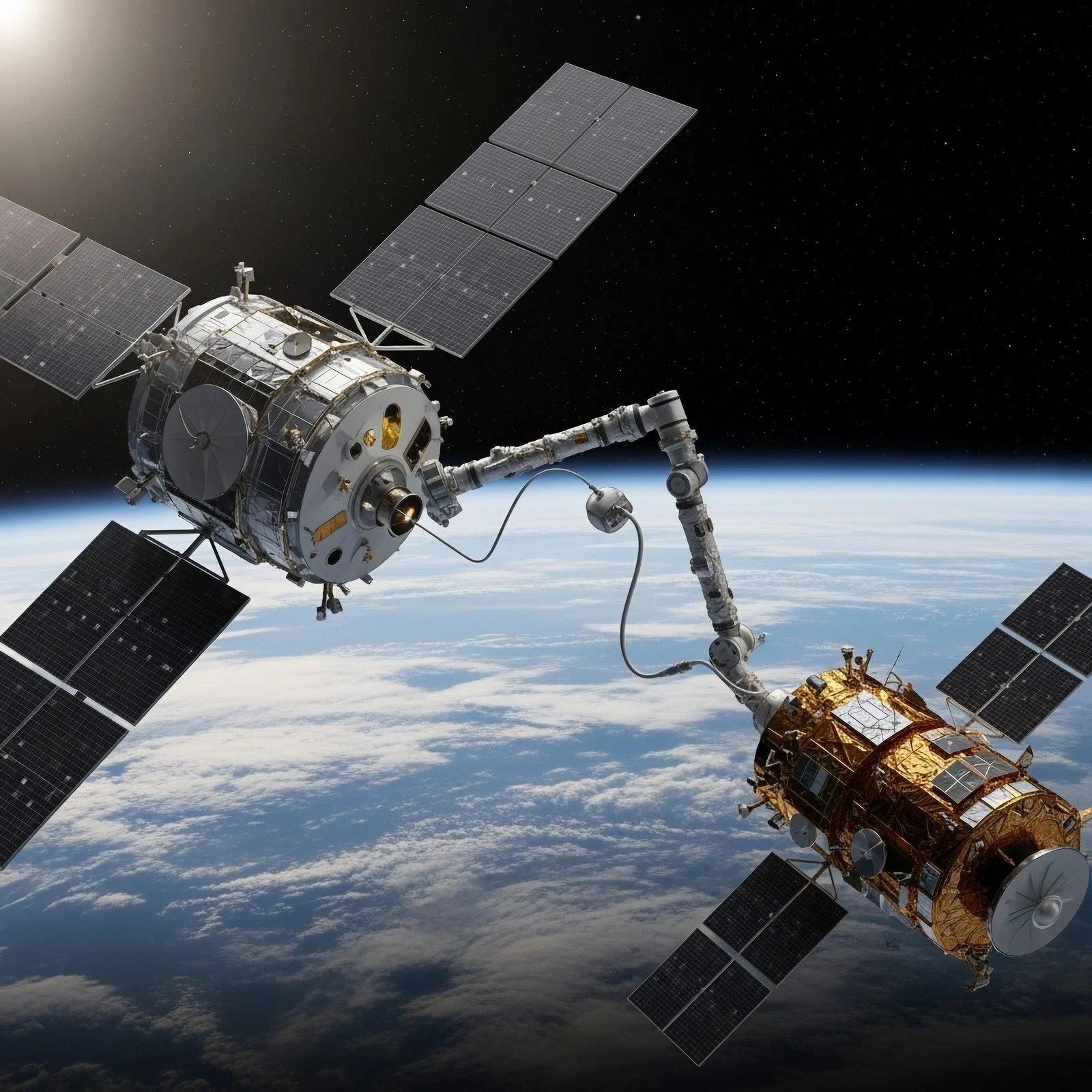 Generated image with two satellites in the space and Earth in the back