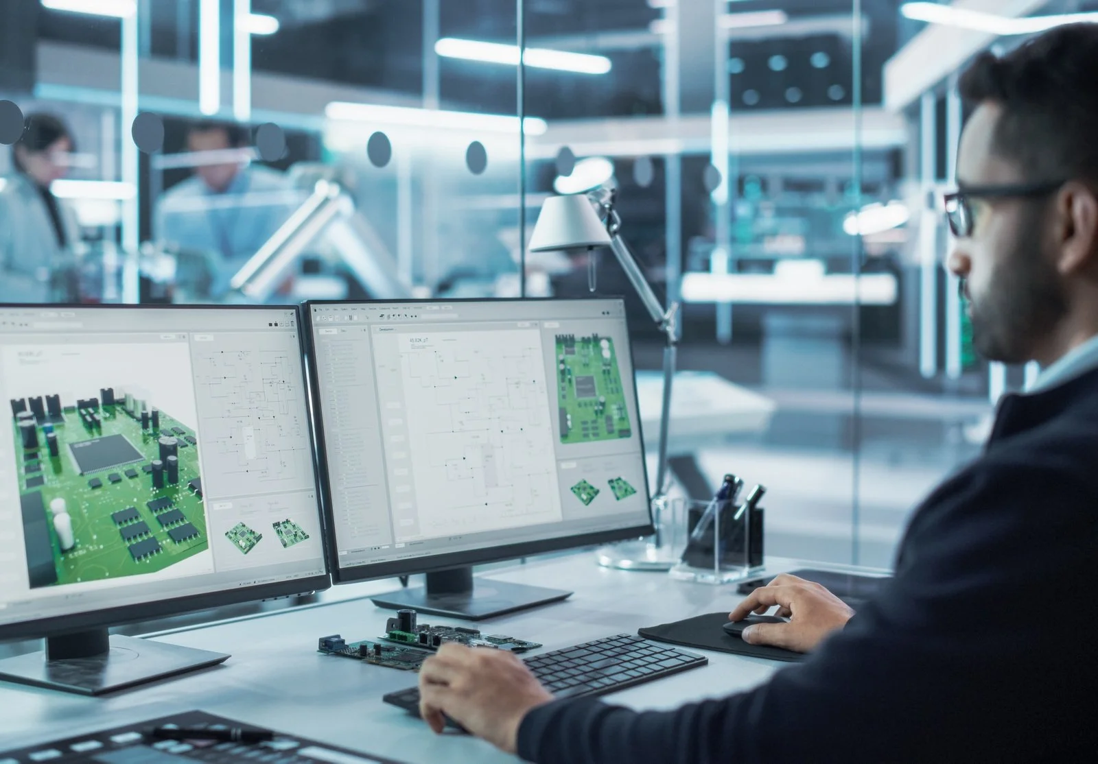 PCB layout engineer working on PCB layout with two monitors
