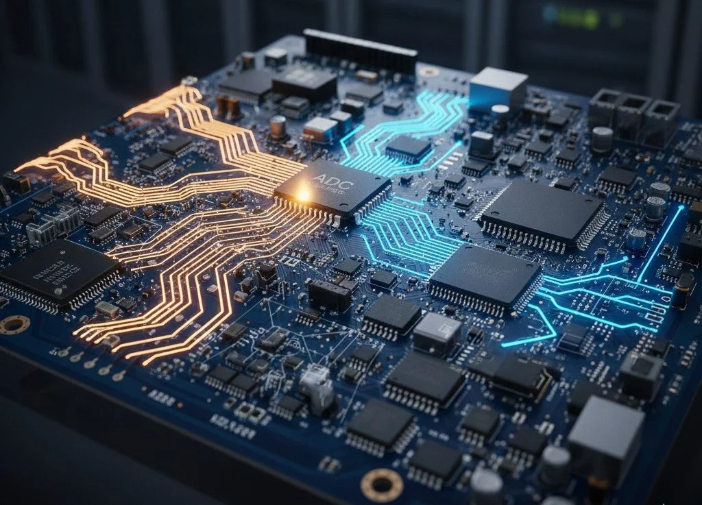 Artistic AI generated image for mixed-signal illustration showing electronic board and ADC chip with artistic presentation of digital and analog signals