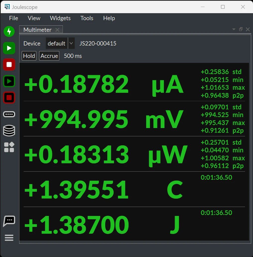 Snippet from Joulescope tolls multimeter showing low current results