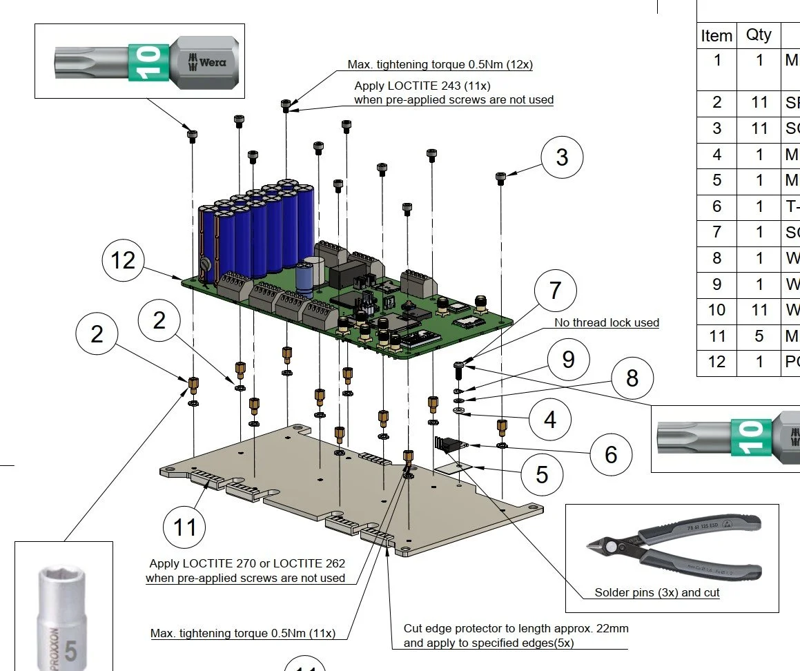 Mechanical production documentation snippet showing assembly instructions