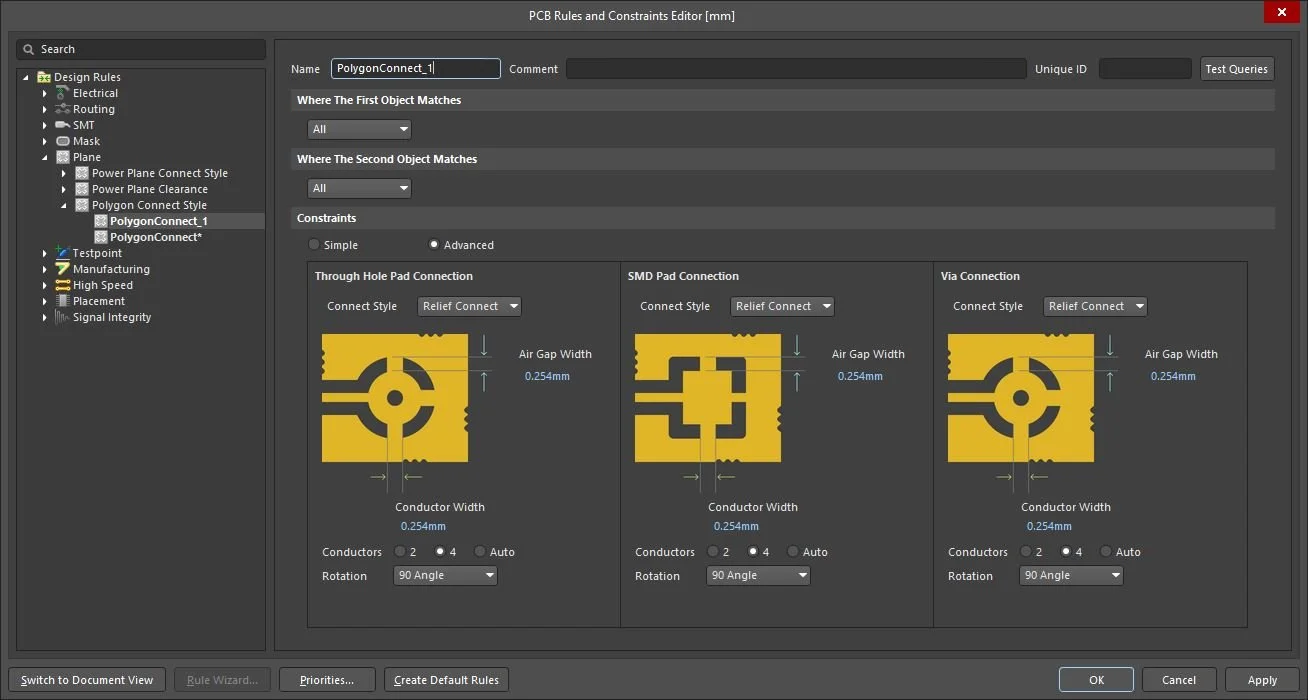 Default new rule created for Polygon Connect Style in Altium Designer