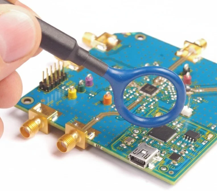Hand with near-field probe measuring near electronic PCB board