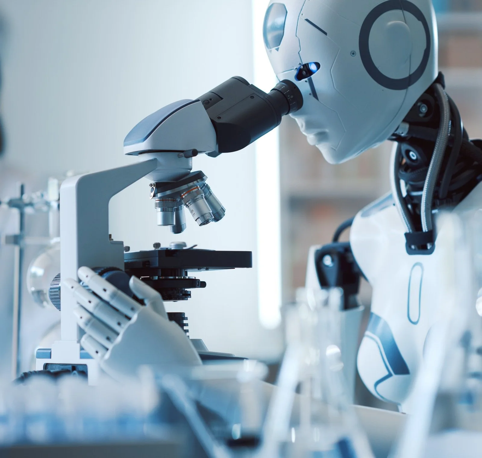 Artistic image with humanoid robot watching into microscope