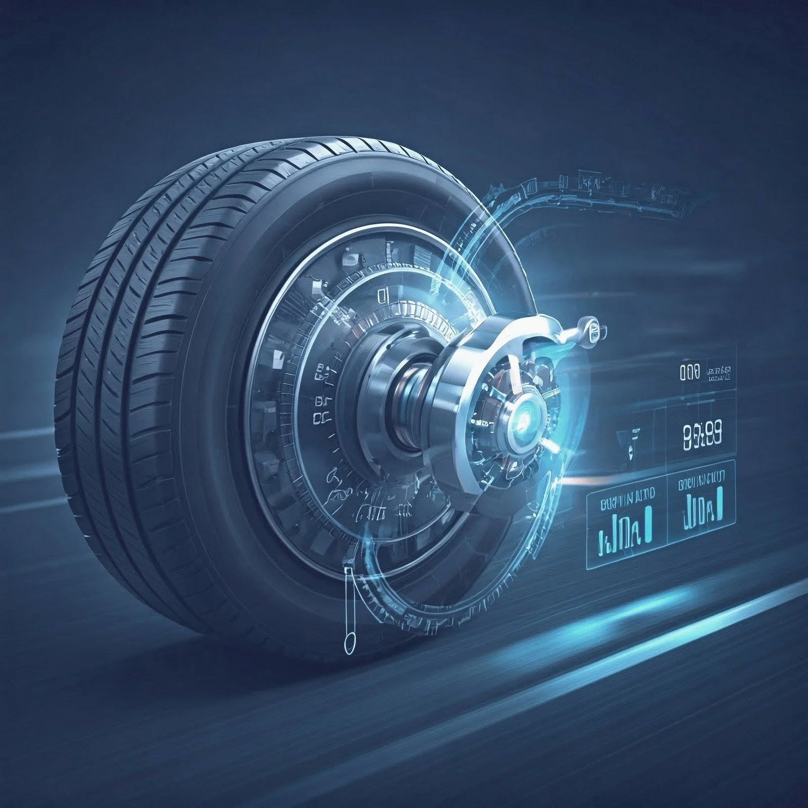 Artistic AI generated image presenting car wheel and sophisticated technology attached into car wheel.