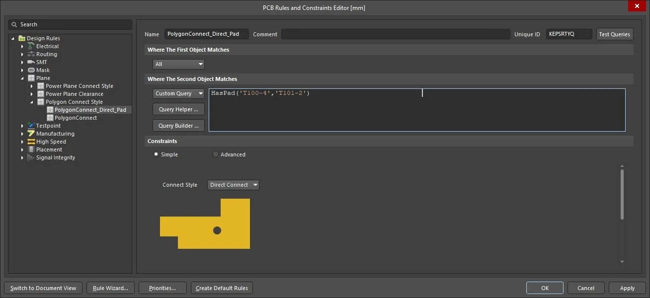 New Design Rule defined in Altium Designer for Specific part of specific Component is directly connected to Polygon - More Pads defined