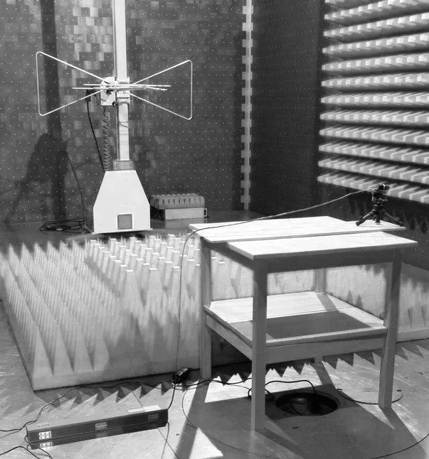 Electronic product setup in anechoic chamber with EMC antenna