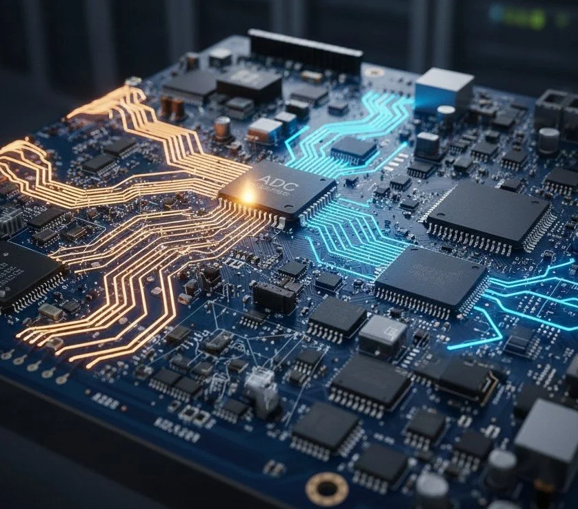 AI generated image with AD converter and artistic presentation of digital and analog signals