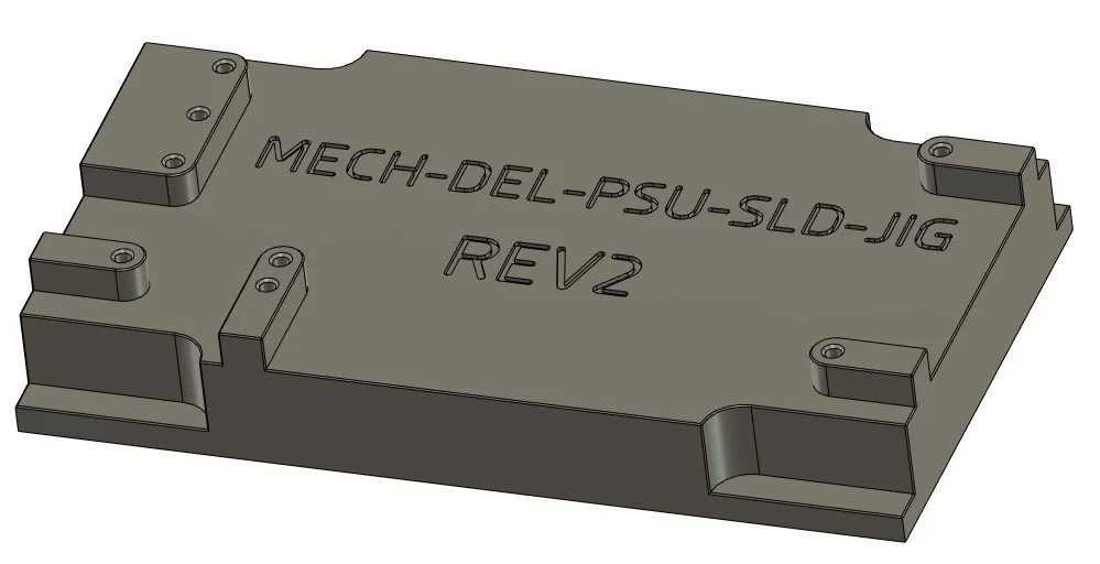 Example of 3D modeled part showing CNC milled production fixture jig