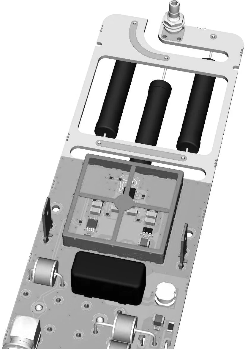 example of high-voltage design electronic board with high-voltage resistors and electronic under EMI shielding