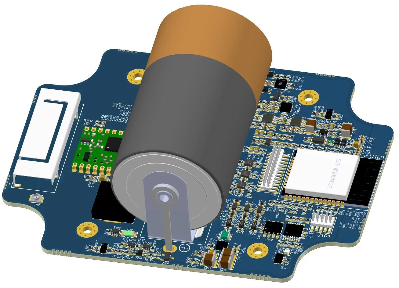 3D view of custom board for low power design with primary battery