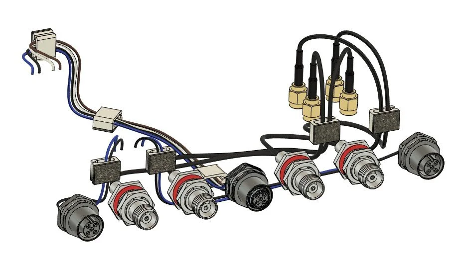 3D modeled cable assembly harness with many circular connectors and wires formed to shape