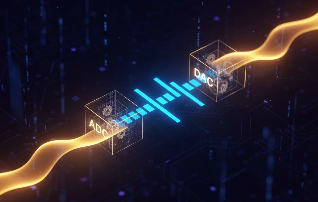 Artistic AI generated image representing ADC and DAC and artistic presentation of analog signals and digital signals