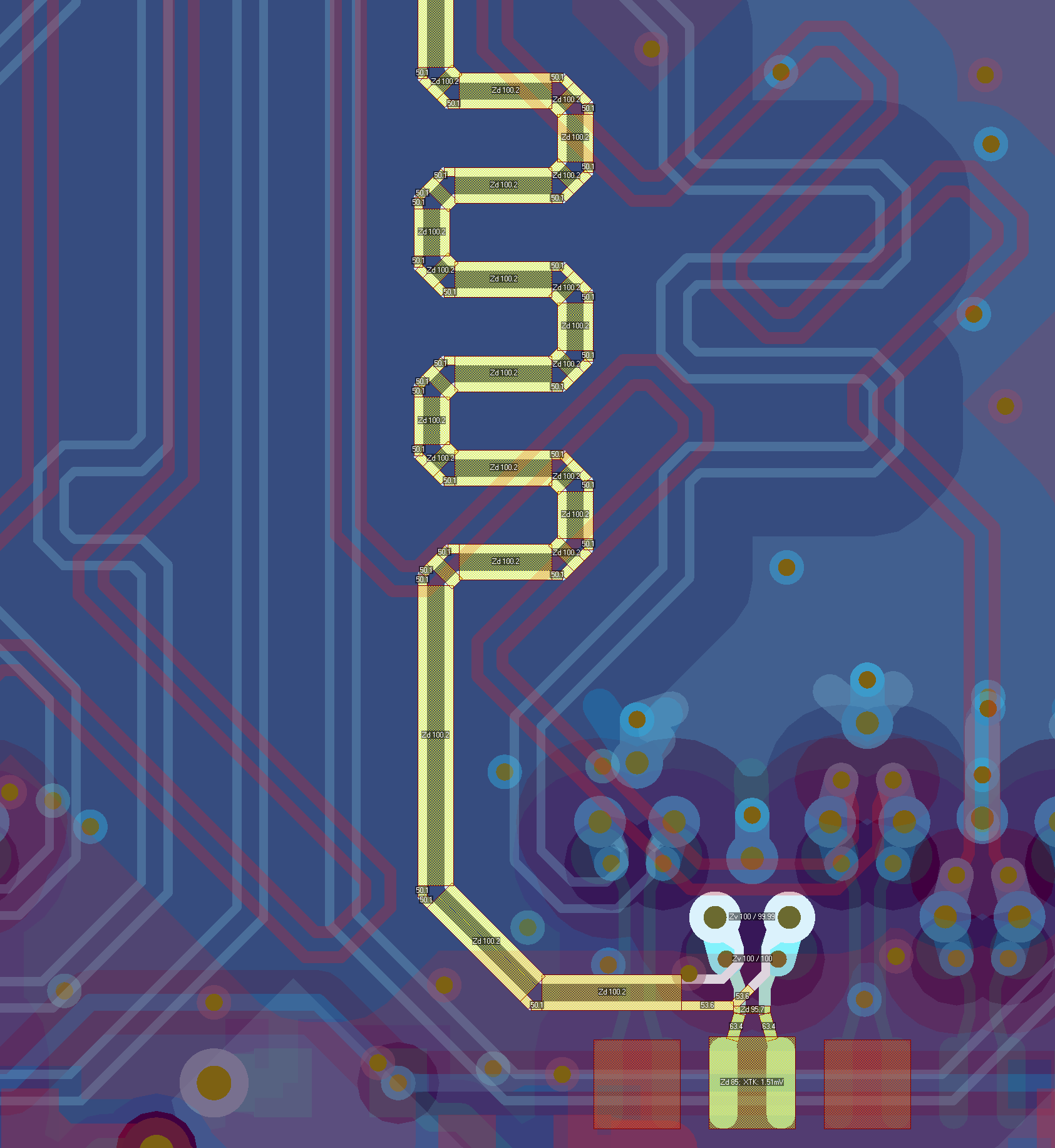 Snippet from simulation result from Simbeor solver simulation tool presenting PCB and impedance of differential lines