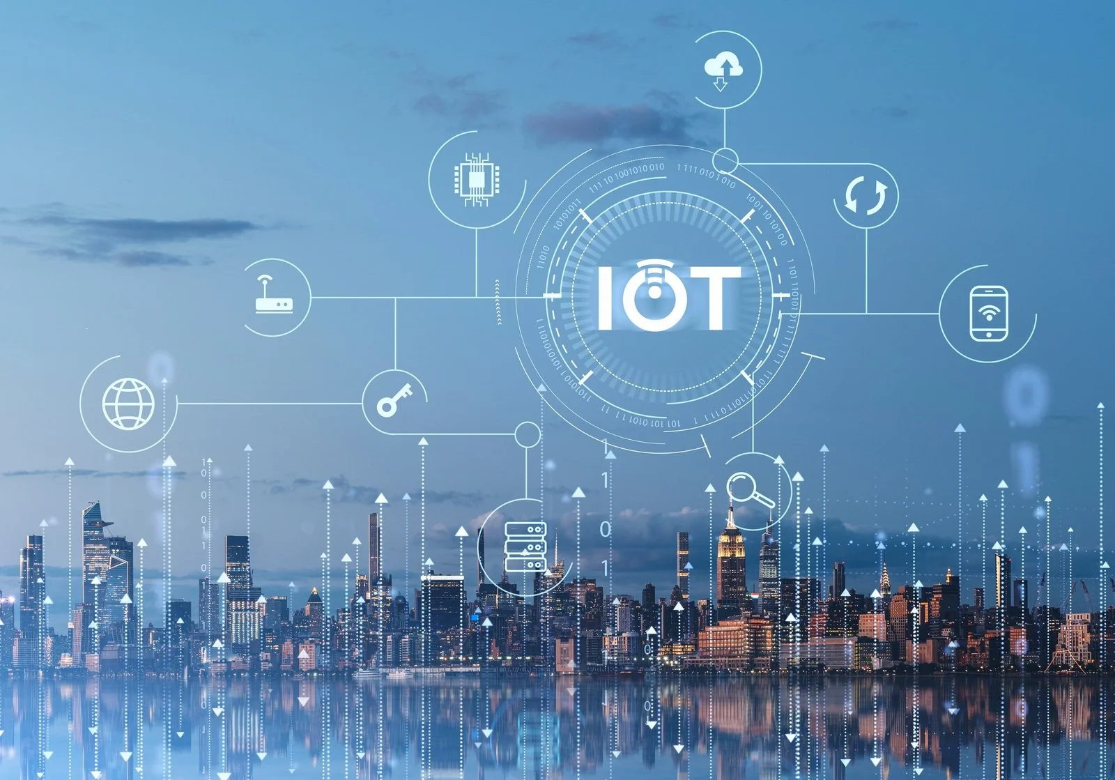 Artistic visualization of the city with skyscrapers and IoT features