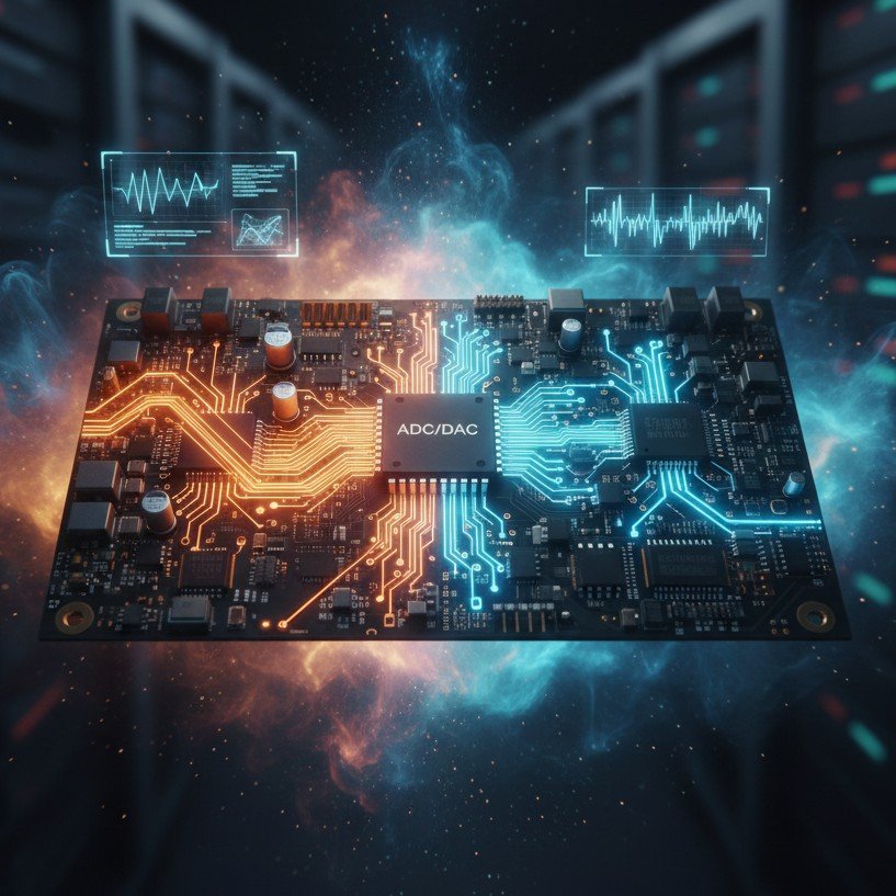 Artistic AI generated image with electronic board and ADC and DAC chips and artistic presentation of digital and analog signals