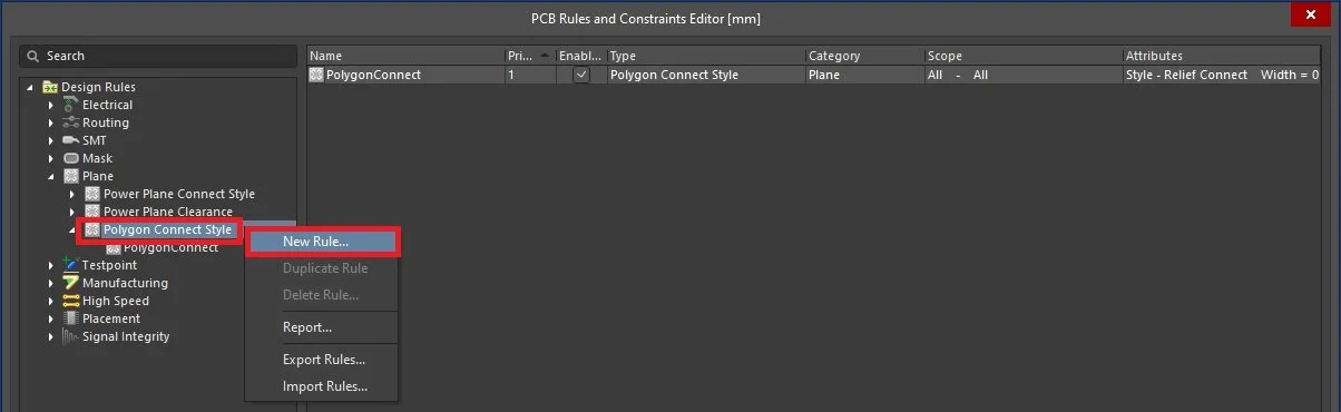 Altium Designer New Rule creation for Polygon Connect Style