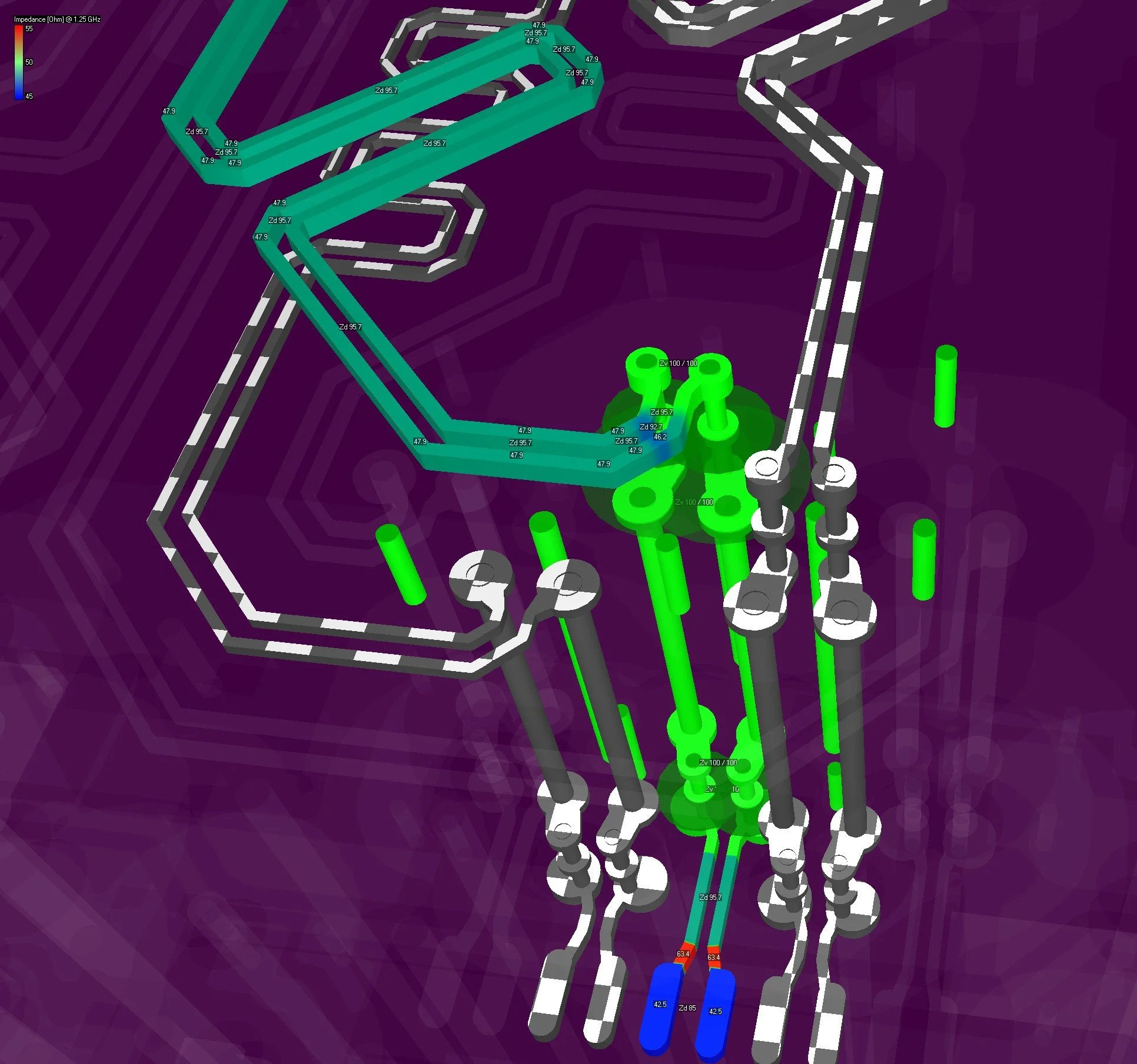 Snippet from 3D simulation result from Simbeor solver simulation tool presenting 3D result of differential lines impedance