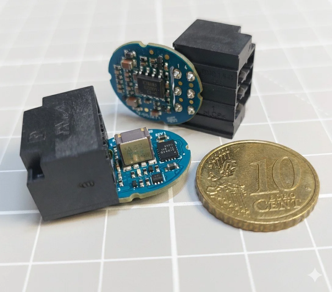 Ultra-Miniature custom electronic boards PCBs with connector and coin to define scale.