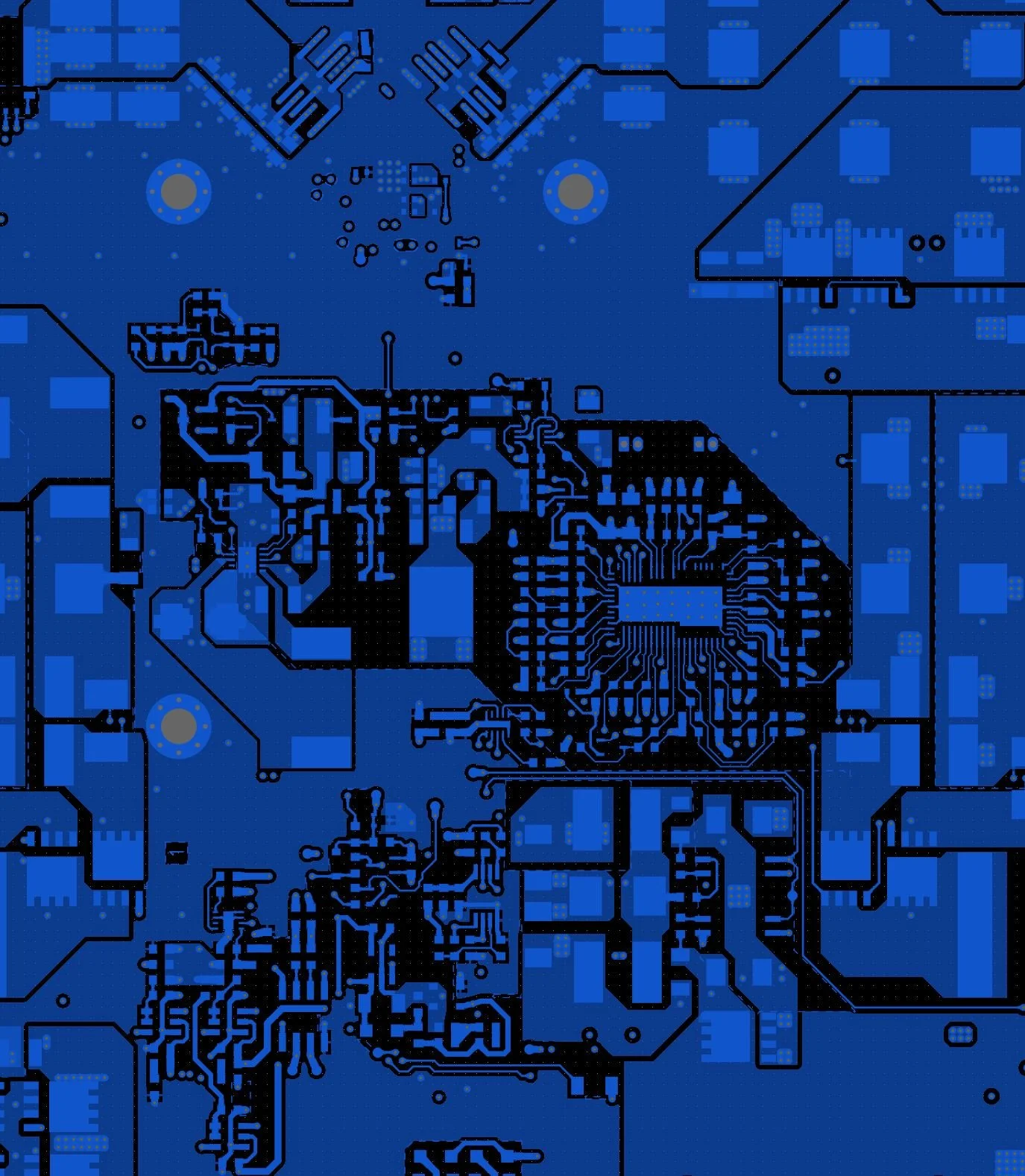Blue snippet from custom PCB layout with high density tracks and polygons