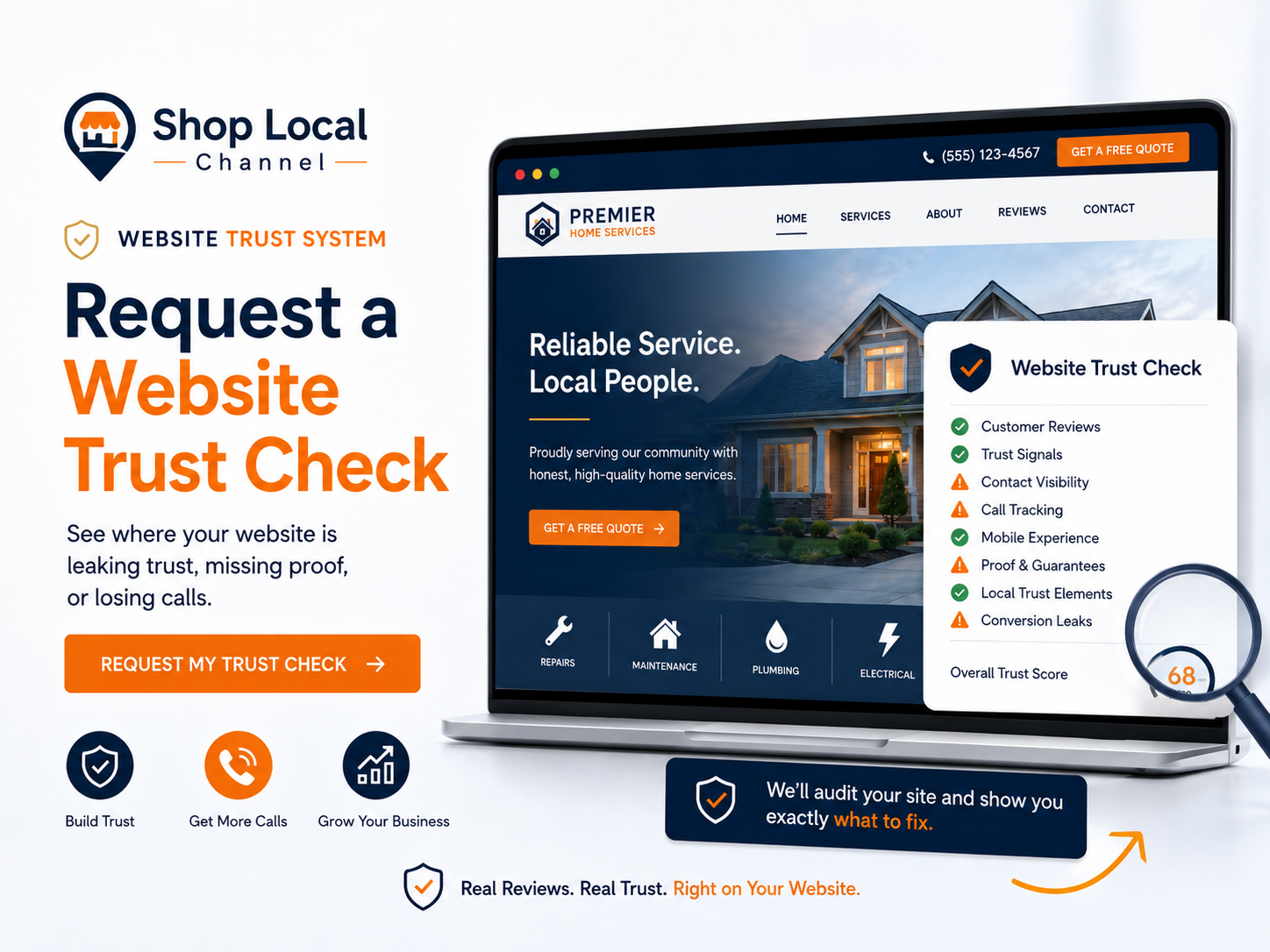 Website Trust Check graphic showing a local business website audit with customer reviews, trust signals, contact visibility, call tracking, and AI-readiness checks.
