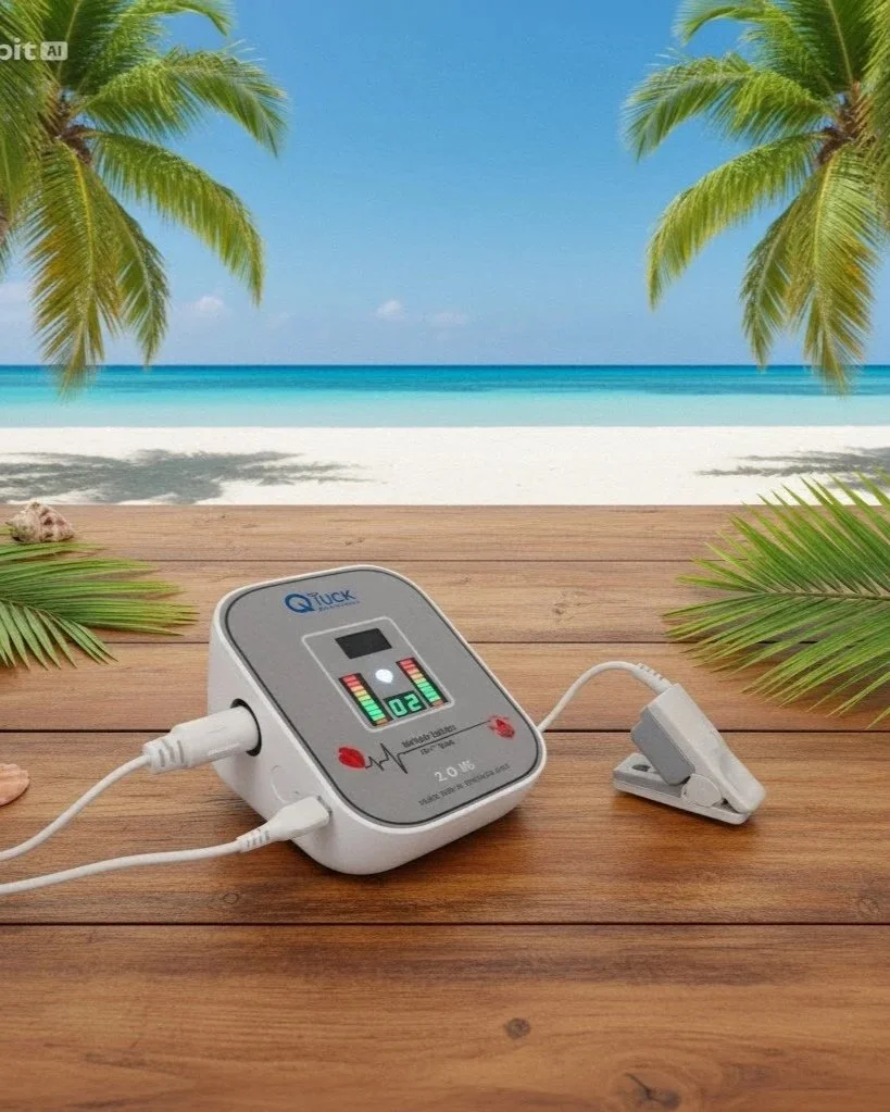 A pulse oximeter on a wooden surface with a beach and ocean view in the background, framed by palm trees.