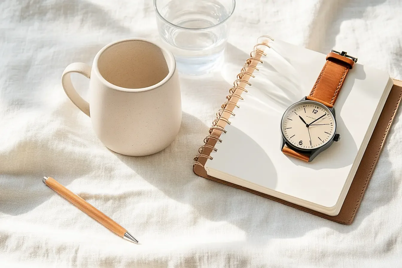 Cream ceramic mug, leather-bound notebook, analog watch, and pen on white linen — men's health care at Asklia Concierge Medicine