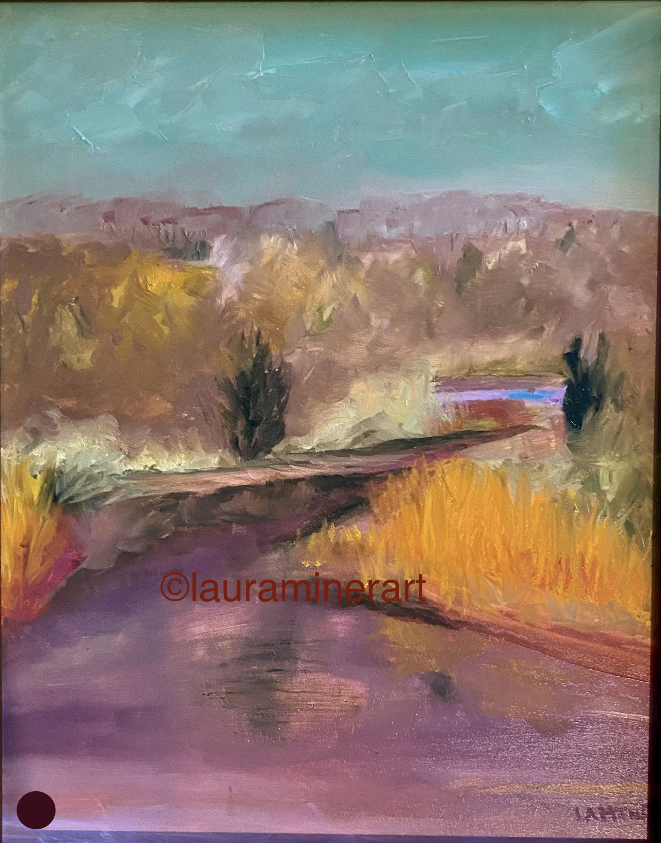 An abstract landscape painting depicting a road flanked by colorful grass and trees, with mountains and a turquoise sky in the background.