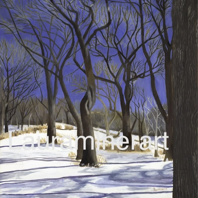 A winter landscape painting of leafless trees in a snow-covered forest with a bright blue sky in the background.