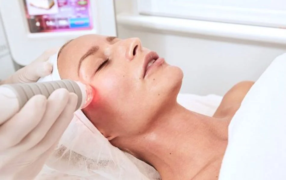 Woman receiving a facial treatment with a cosmetic device from a professional in a clinical setting.