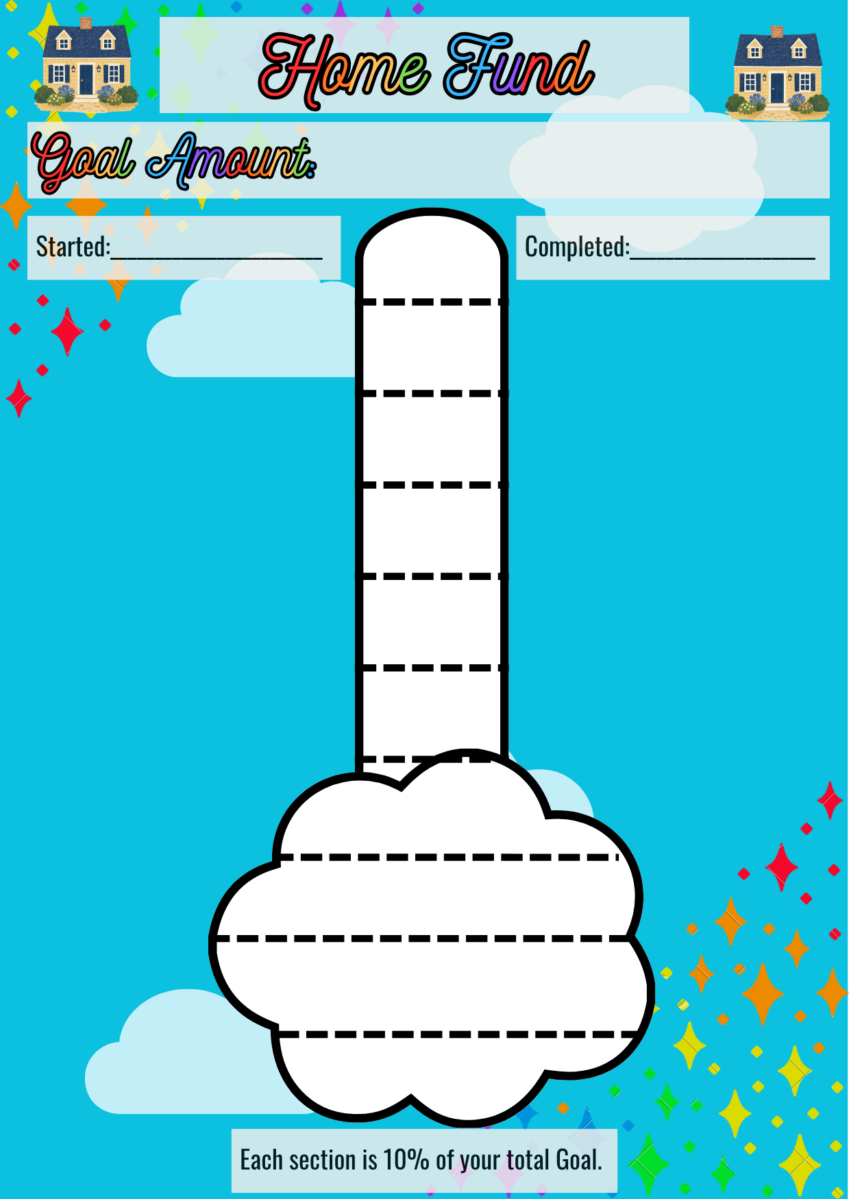 Colorful Home Fund savings tracker with houses, clouds, and ten progress sections