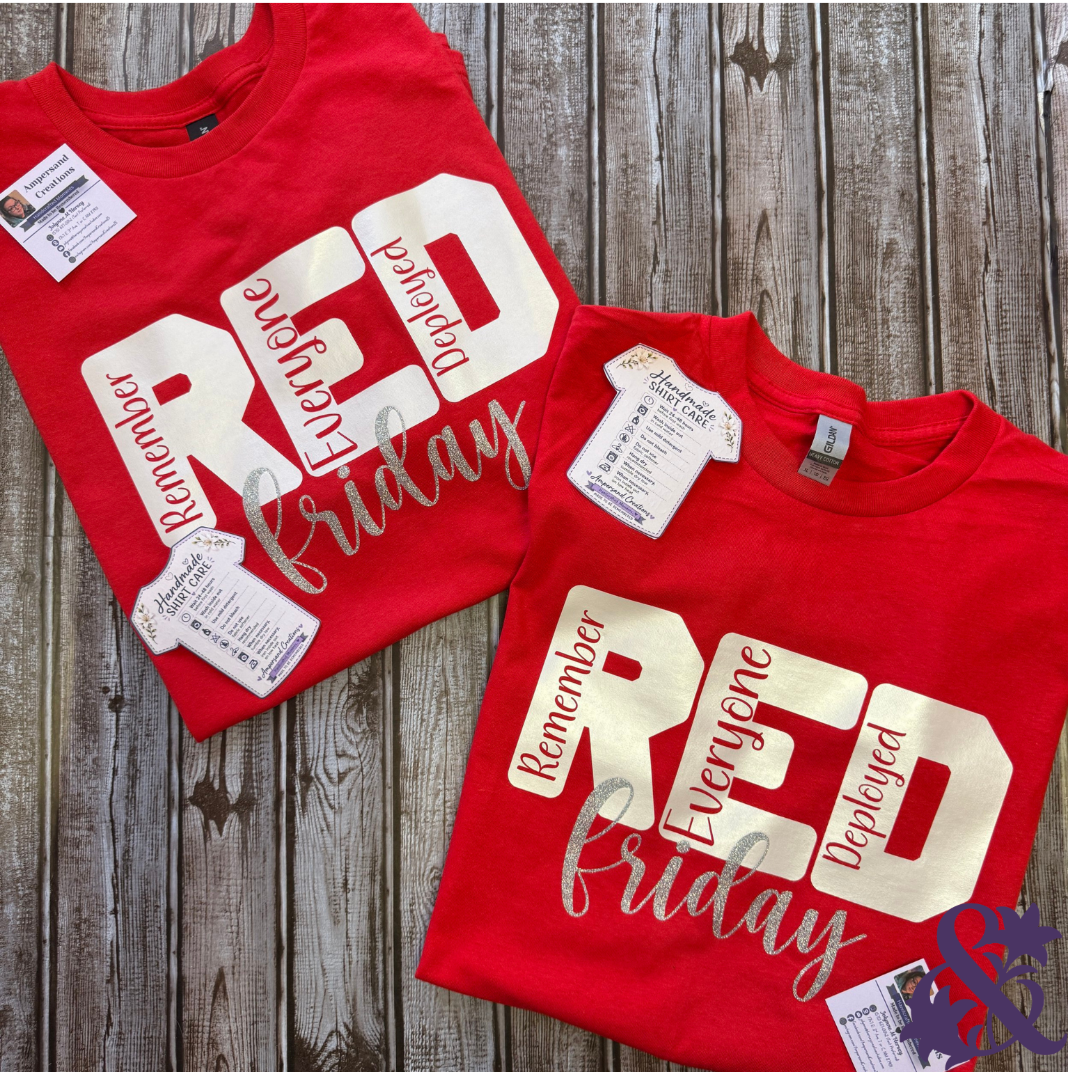 Two red shirts featuring white RED lettering, Remember Everyone Deployed, and silver Friday script