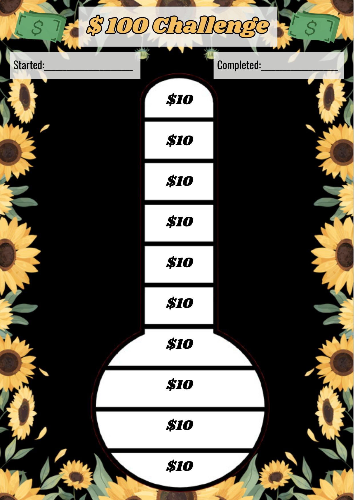 Sunflower-themed $100 savings challenge divided into ten-dollar sections