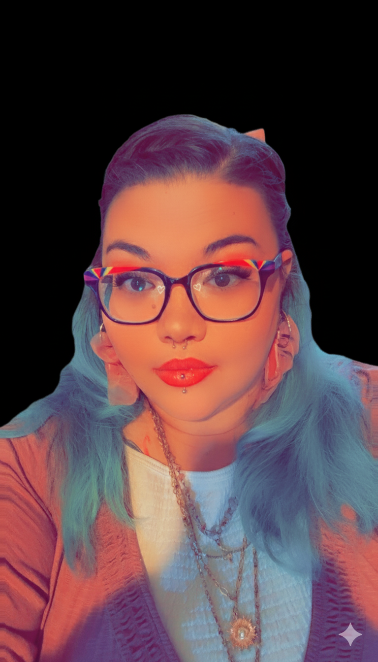 Portrait of Jolynne Hersey, co-owner of Hersey Creative Studios, wearing colorful glasses against a black background