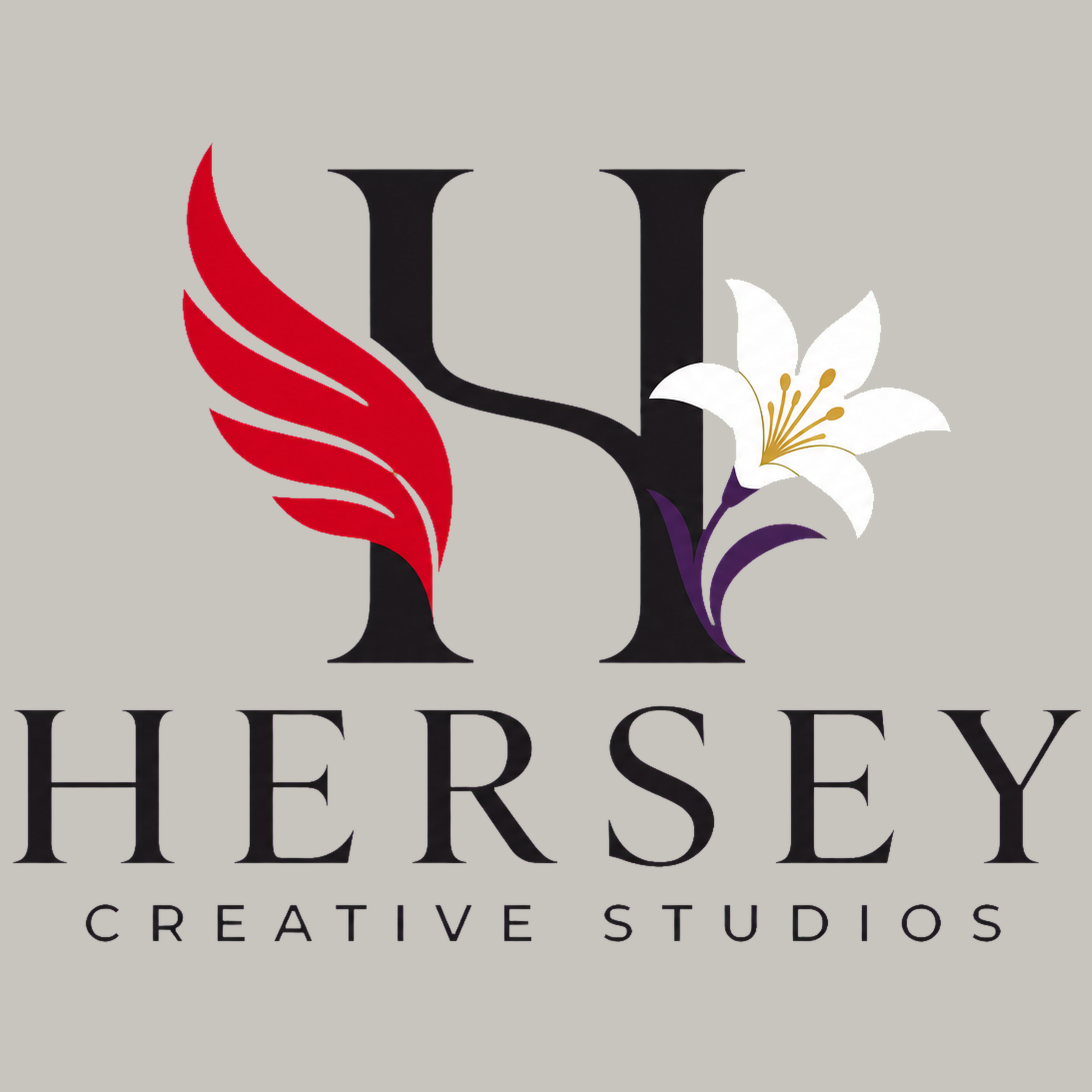Hersey Creative Studios logo featuring a black H, red cardinal wing, and white lily