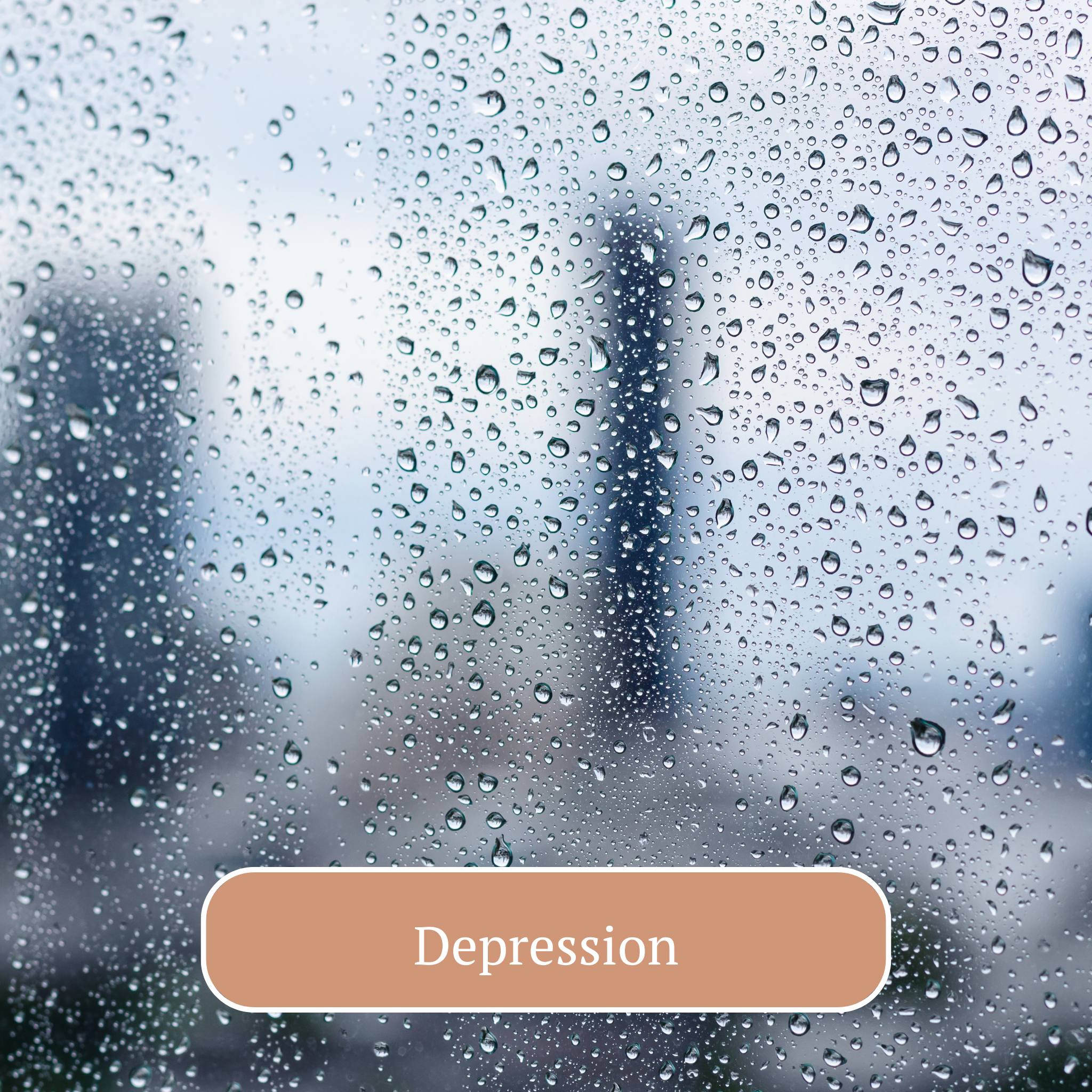 Rainy window with water droplets and a blurry city skyline in the background