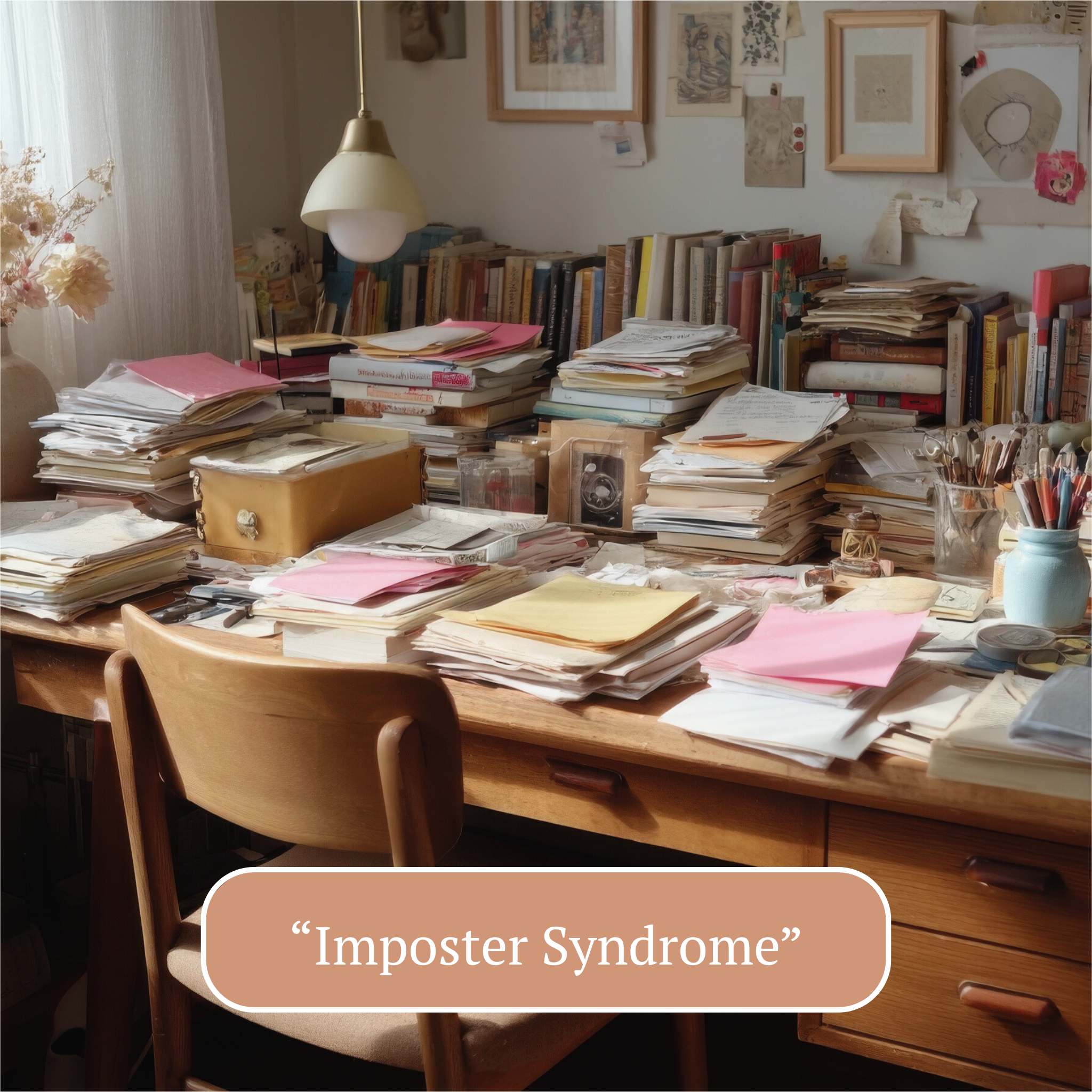 A cluttered desk filled with stacks of papers, files, and books in a home office or study, with a chair in front and framed artwork on the wall.