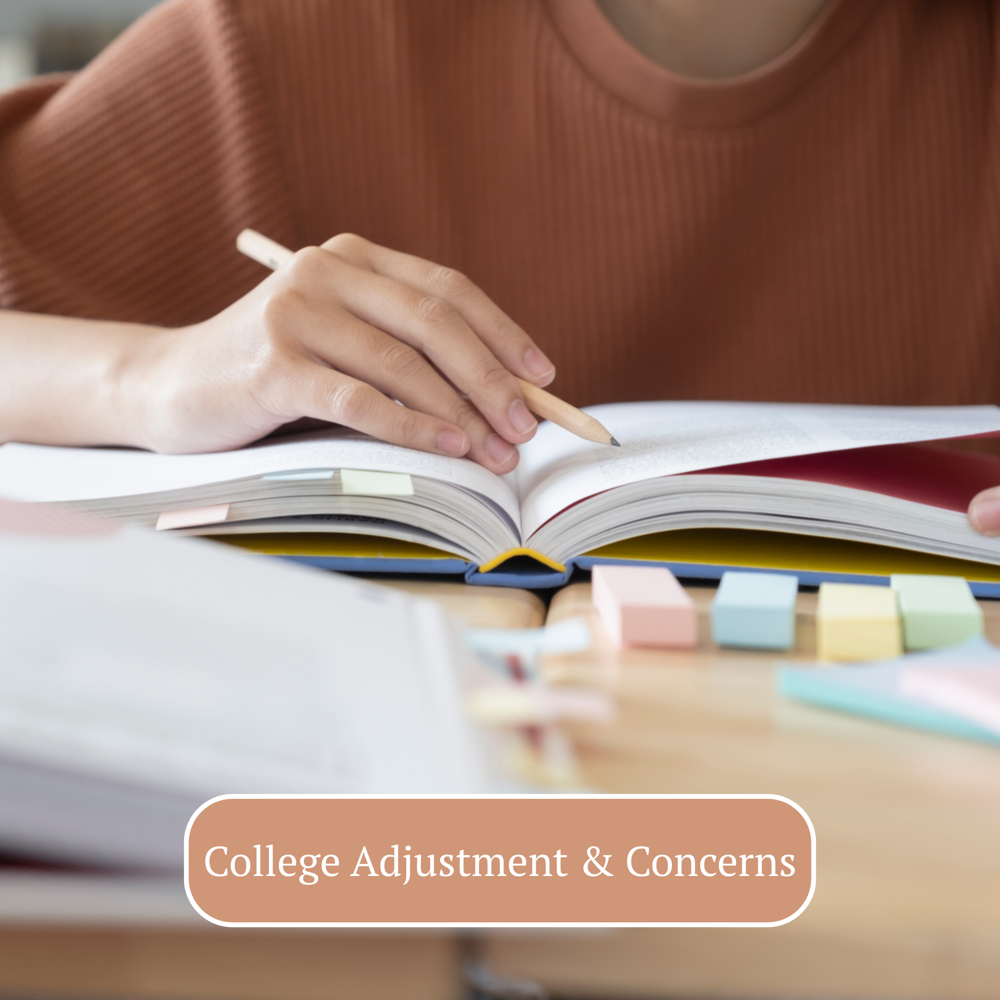 A person wearing an orange top is reading a large open book with colorful sticky notes inside. There are additional books and sticky notes on the table, with a label overlay that reads 'College Adjustment & Concerns'.